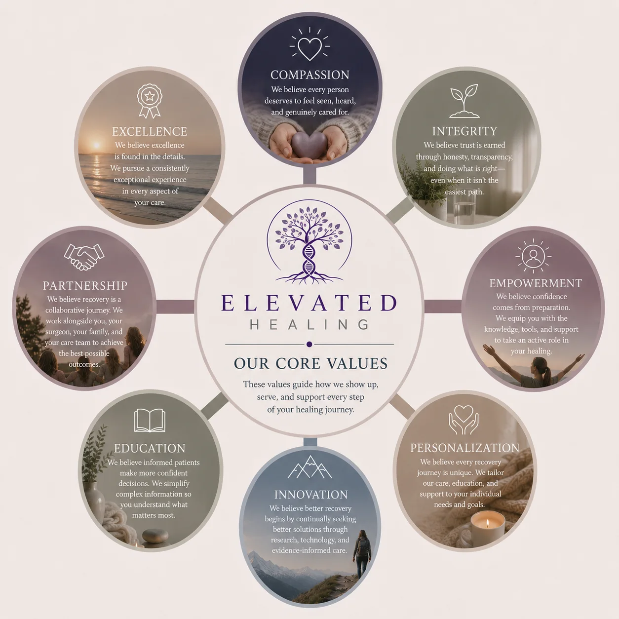 Elevated Healing core values: Compassion, Integrity, Empowerment, Personalization, Innovation, Education, Partnership, and Excellence