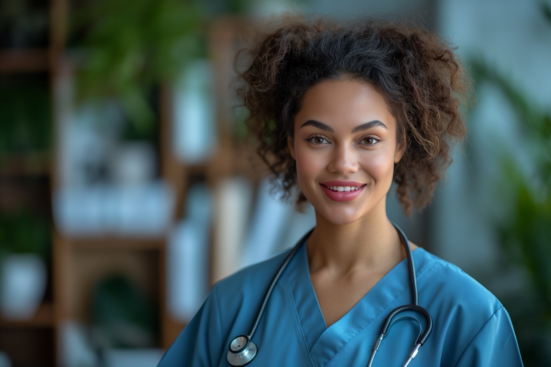 A smiling registered nurse with natural curly hair offering concierge recovery support